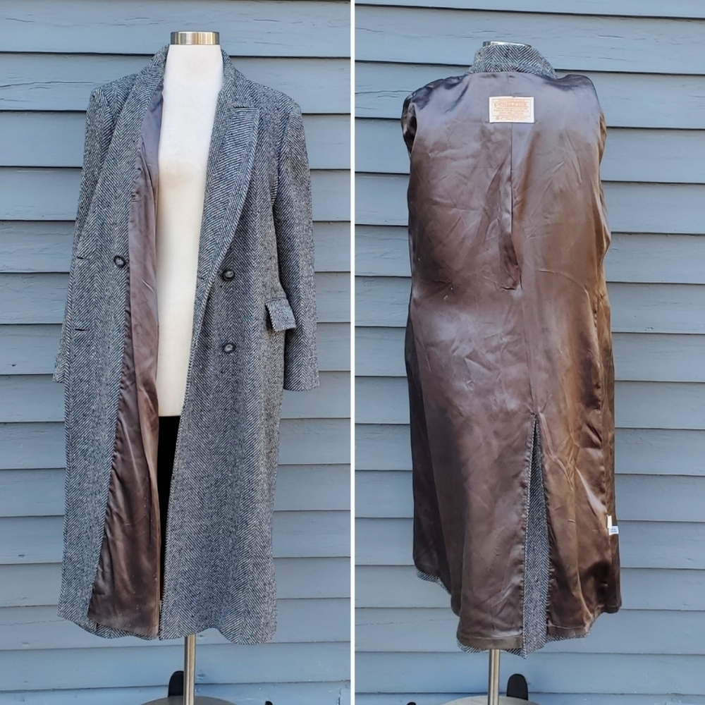 Vintage 80s Pendleton Blue Black Gray Barleycorn Tweed Wool Trench Coat 12‎ - Picture 4 of 8